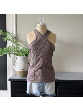 BCBG Max Azria Taupe Mesh Halter Top Size S Cross Neck Sheer